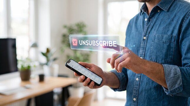 Man touching a digital unsubscribe button while holding a smartphone in a bright home office