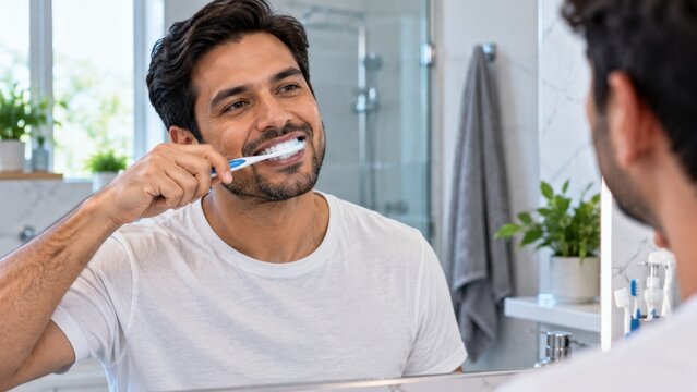 Happy young man looking in mirror brushing his healthy white teeth in modern bathroom morning.