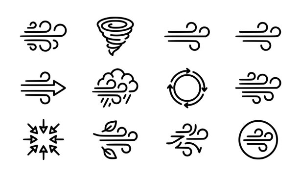 Strong Wind and Airflow Line Icon Set with Weather and Wind Symbols