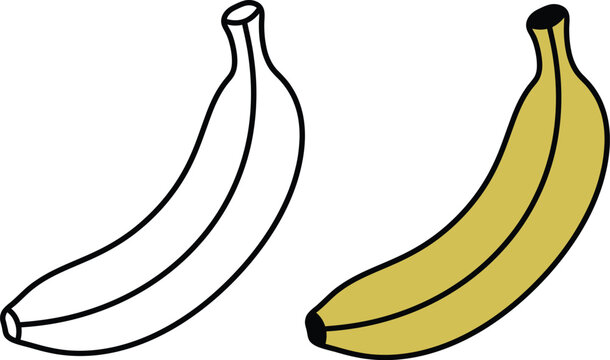Two bananas illustration one in color and one as a black and white outline