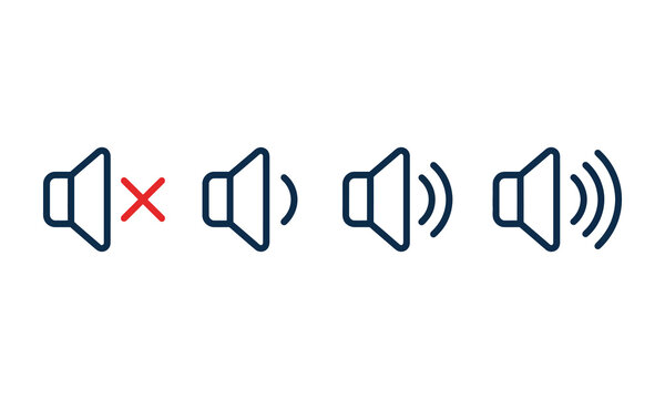 Audio speaker sound volume control icons showing mute low medium max levels with app icon