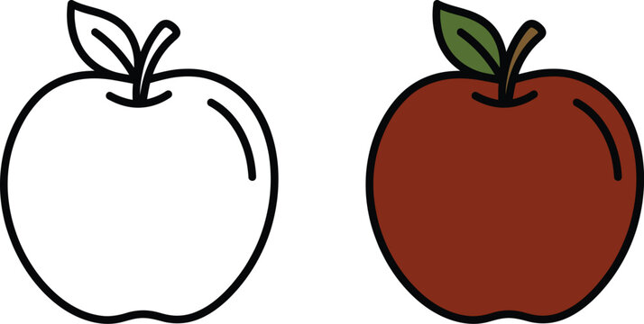 Two apples side by side a colored version and a black and white outline
