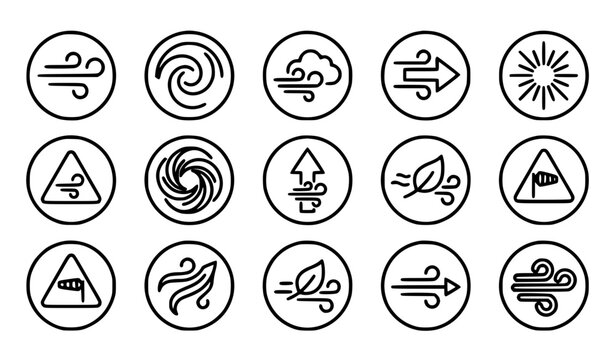 Strong Wind Weather Badge and Airflow Black Outline Vector Icon Set