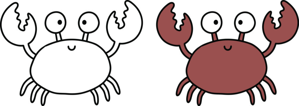 Cartoon crab illustration with a colored and a line art version side by side