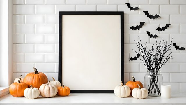 Black picture frame mockup with pumpkins, Halloween home decor, vase of flowers on table in scandinavian kitchen interior. Happy Halloween poster design.