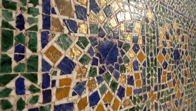 Intricate geometric mosaic tile wall featuring blue green and gold patterns in a historic islamic architectural style