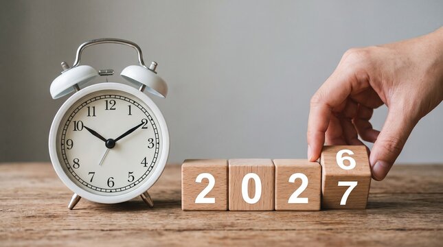 Hand turning wooden block from 6 to 7, changing year from 2026 to 2027 next to vintage clock, new year concept.