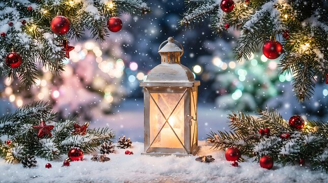 Vintage lantern with warm glow illuminating snow-covered evergreen branches during winter holiday season