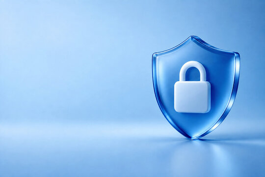 Cybersecurity and data protection concept. Glass shield icon with white padlock symbol. Digital defense system and network security against cyber threats. Professional business background