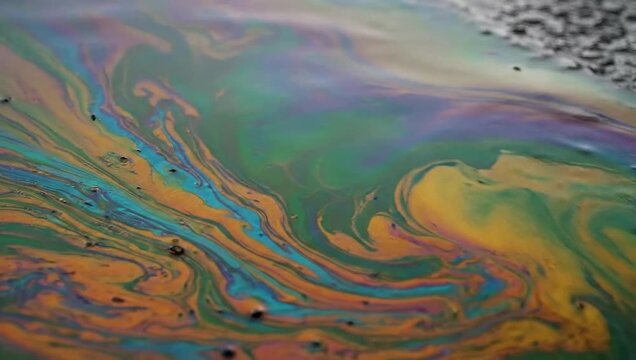 A vibrant rainbow colored oil slick reflecting on wet asphalt pavement after a light rain shower