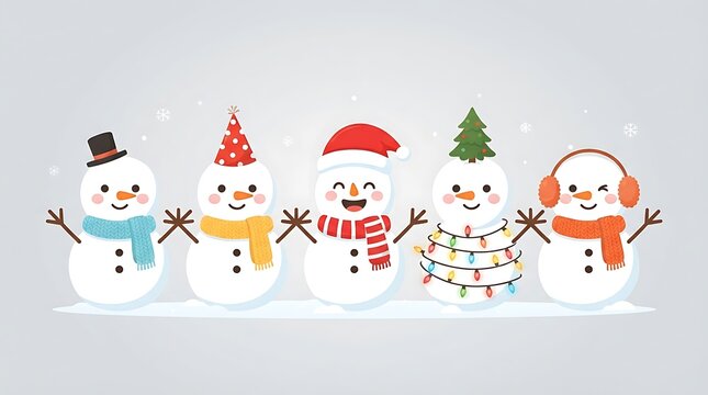 Five cheerful cartoon snowmen wearing festive winter accessories pose together in a clean white background
