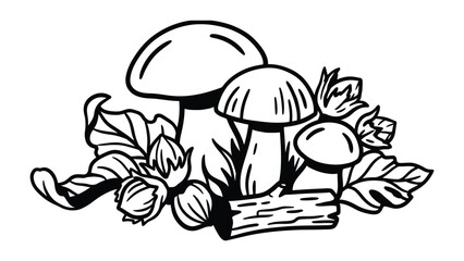 Fototapeta premium Mushroom and Hazelnut Illustration: A stylized black and white illustration featuring a cluster of mushrooms alongside hazelnuts and leaves, evoking a natural, autumnal harvest feel.