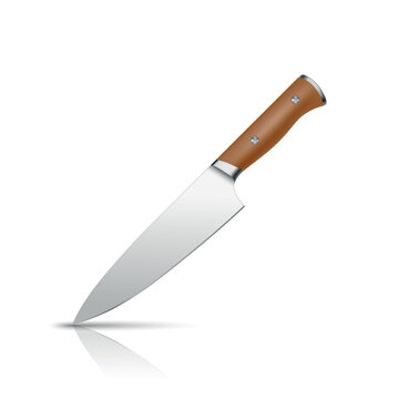 Chef Knife, 3d Vector Illustration. Kitchen Knife, Cooking Knife Isolated. Sharp Stainless Steel Blade with Wood Handle for Cutting, Chopping, Slicing, Food Preparation and Culinary Design