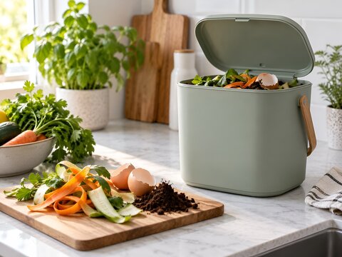 Kitchen Compost Bin with Vegetable Scraps and Coffee Grounds