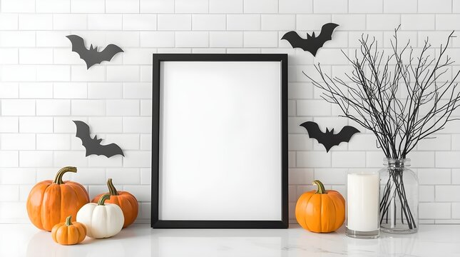 Black picture frame mockup with pumpkins, Halloween home decor, vase of flowers on table in scandinavian kitchen interior. Happy Halloween poster design.