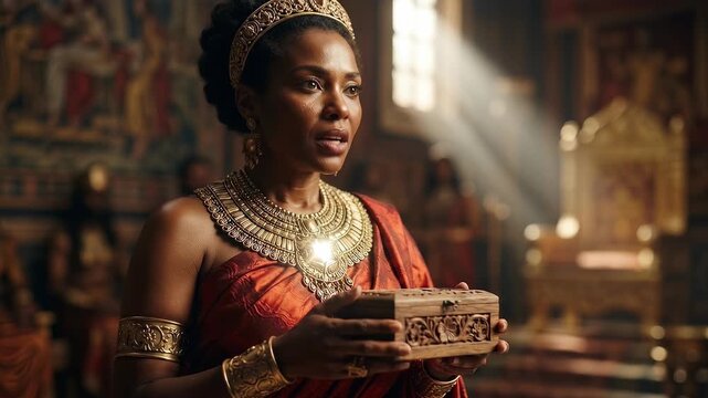 Queen of Sheba Marvels Inside King Solomons Palace Throne Room Holding Precious Gift Symbolizing Biblical Wisdom Royal Diplomacy Wealth Admiration Ancient Israel and Sacred Cultural Heritage