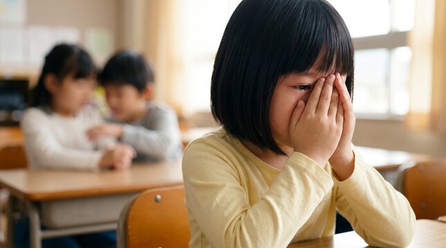 학교 교실에서 배경의 아이들이 수군거리는 가운데 손으로 얼굴을 가리고 슬프게 우는 아시아 여자아이 - 학교폭력 및 왕따 콘셉트