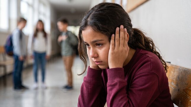 Menina triste tampando os ouvidos no corredor da escola, v&iacute;tima de bullying e exclus&atilde;o, com grupo de alunos fofocando desfocados ao fundo