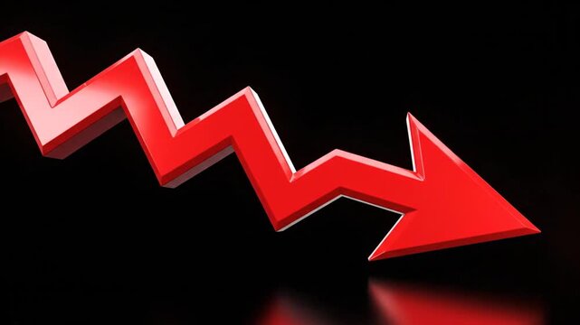 Glossy red zigzag arrow pointing downwards on black background