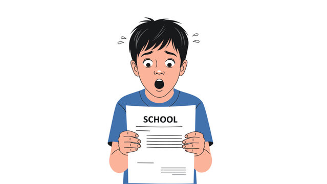 Worried schoolboy looking shocked and sweating while holding a school test paper with bad grades on white background.