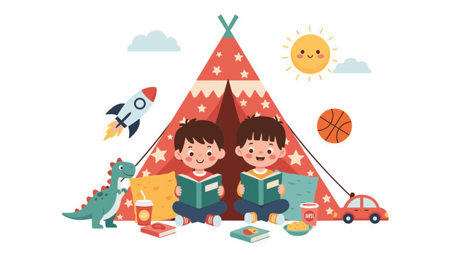 Two young twin boys reading colorful storybooks inside a decorated play teepee tent in their cozy bedroom.