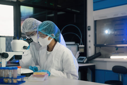 Two Scientists in Protective Gear Examining Samples Under Microscope in Modern Research Laboratory