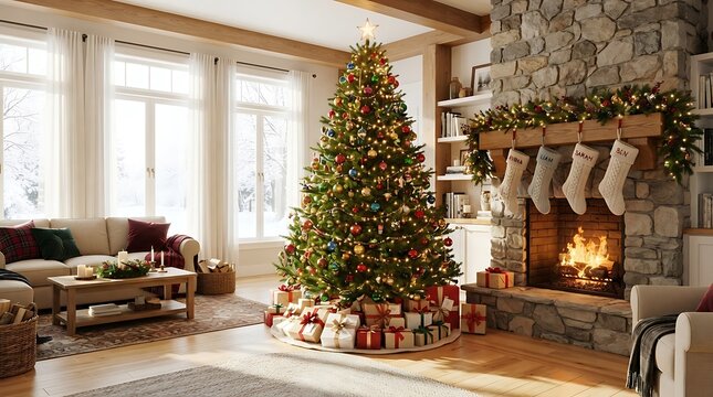 Decorated christmas tree with wrapped gifts in cozy living room featuring fireplace and holiday decor