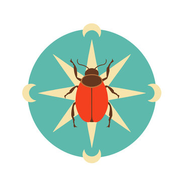 Red beetle on a compass rose with crescent moons