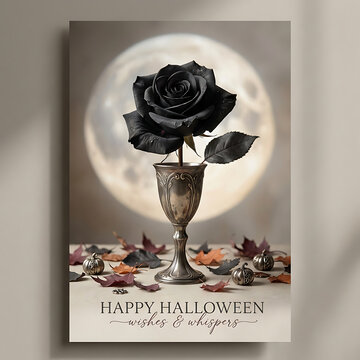 Black rose photo in silver chalice vase with Halloween text and full moon background