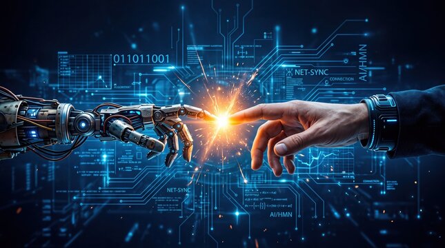 Ethical AI and Human Collaboration concept. Robotic hand and human finger touching with glowing light spark. Future technology partnership and digital innovation photo.