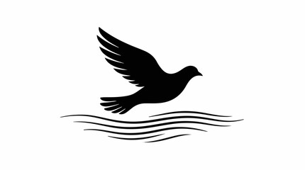 Fototapeta premium Black silhouette of a dove flying over wavy water