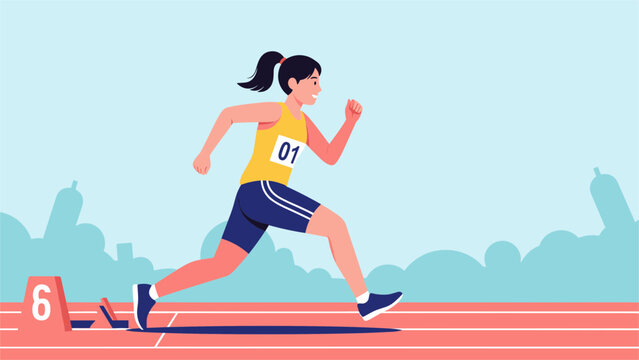 Energetic young female athlete starting from blocks and sprinting on a running track during a competition.