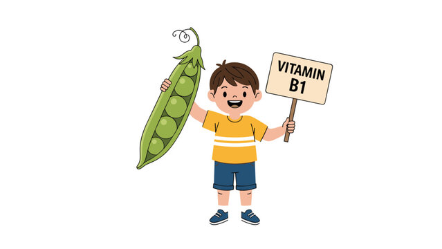 Happy young boy holding a giant green pea pod and a wooden sign showing the benefits of Vitamin B1.
