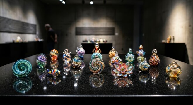 Collection of miniature blown glass art objects displayed in a studio setting