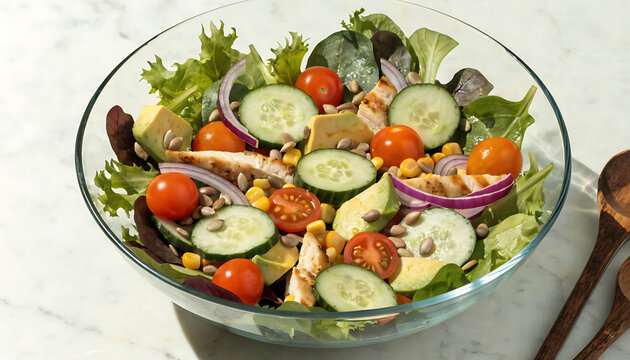 Fresh vegetable salad with cherry tomatoes cucumber and lettuce in a glass bowl on a white surface