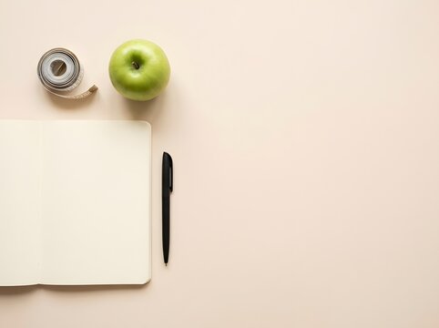 Fitness planner notebook with measuring tape and green apple copy space flatlay