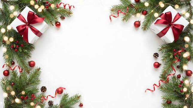 Elegant holiday wreath arrangement featuring greenery, red ribbons, and ornaments on clean white background