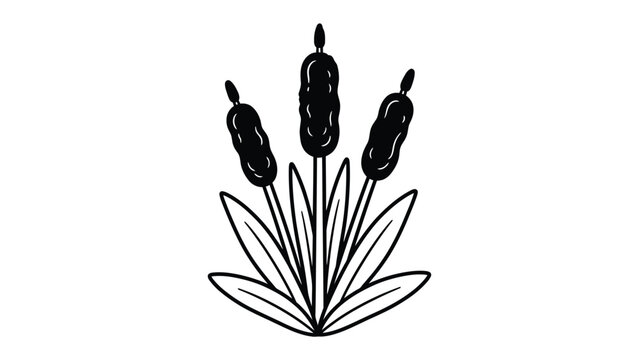 Cattail Plants Silhouette: A simple black and white illustration of three cattail plants with long leaves and seed heads, symbolizing nature and wetlands.