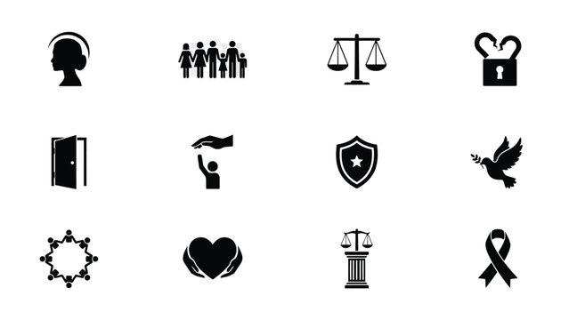 Set of symbolic icons representing human rights justice and social values in minimalist black