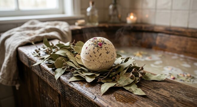 Aromatic herbal bath bomb with dried flowers and leaves resting on a wooden surface near a steaming bathtub