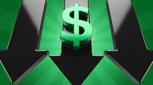 Green dollar sign with black downward arrows symbolizing financial decline