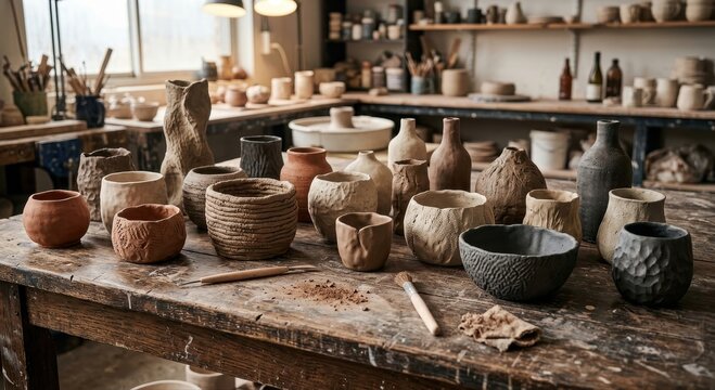 Assortment of Rustic Handmade Pottery and Ceramic Pieces on a Wooden Table in an Artisan Studio