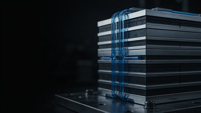 Futuristic hydrogen fuel cell stack core with metallic plates and liquid cooling tubes