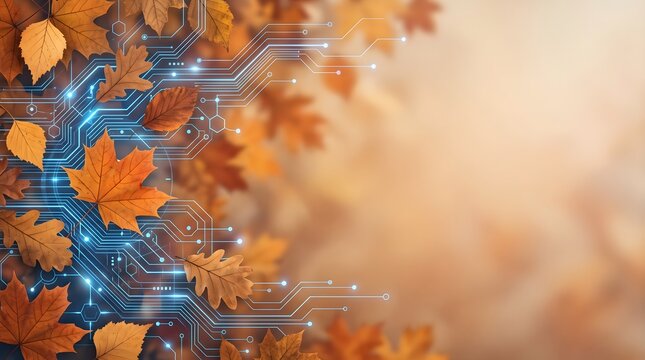 Abstract autumn leaves and glowing blue digital circuitry background representing the intersection of nature and modern technology