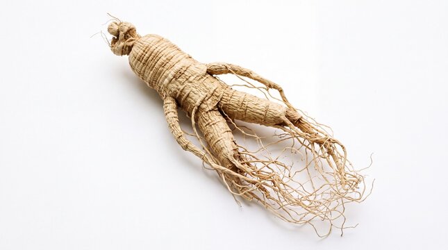 Ginseng root with human-like shape, dry organic panax ginseng for traditional medicine, herbal health supplement ingredient with fibrous texture isolated PNG with Transparent Background