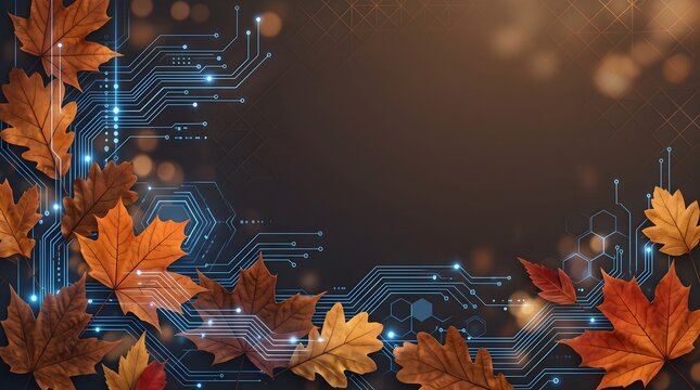 Autumn leaves integrated with digital circuit board tracks and glowing lights on abstract technological background