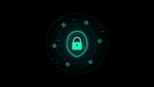 Animated emerald shield and padlock inside an orbiting blockchain node ring on transparent background. Ideal for financial security, crypto vault, cybersecurity, and fintech data protection.