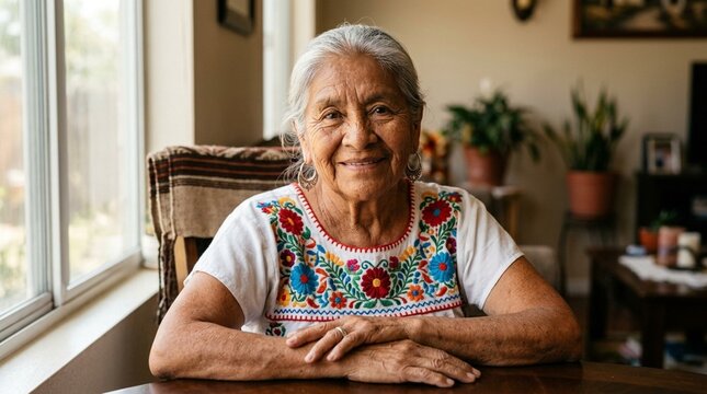 Smiling elderly woman with colorful embroidered blouse at home