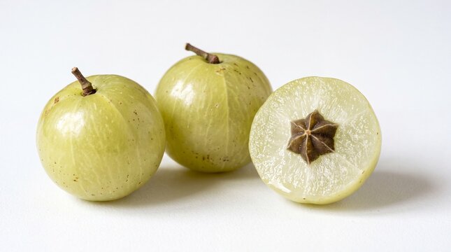 Fresh Indian gooseberry fruits, organic amla berries with cross section showing star seed, healthy phyllanthus emblica for ayurvedic medicine isolated PNG with Transparent Background