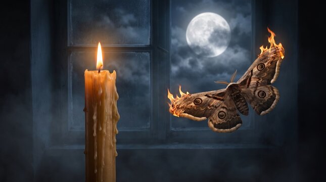 A burning moth flying towards a lit candle in front of a dark window with a full moon